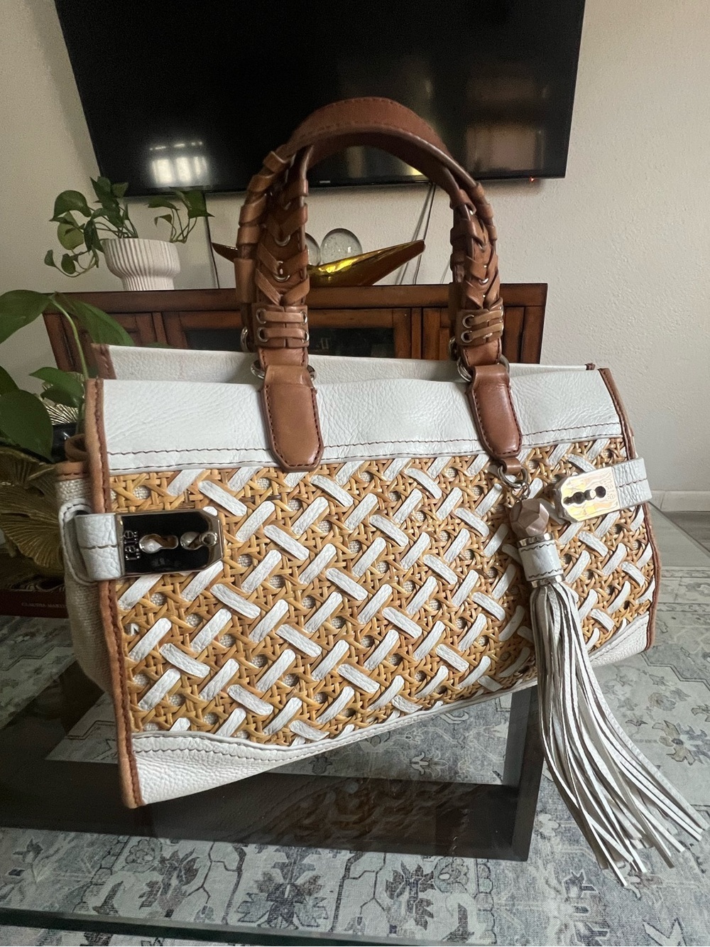 Rafe New York white and tan Straw Leather Bag